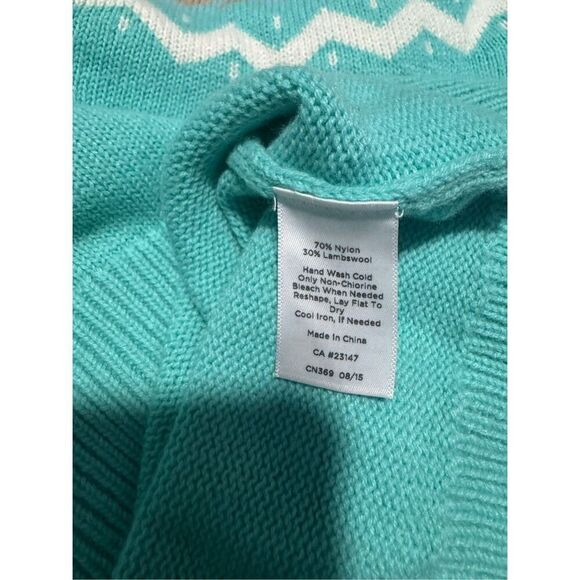 Talbots aqua Fair Isle bird print pullover lambswool blend sweater MP - Picture 3 of 9
